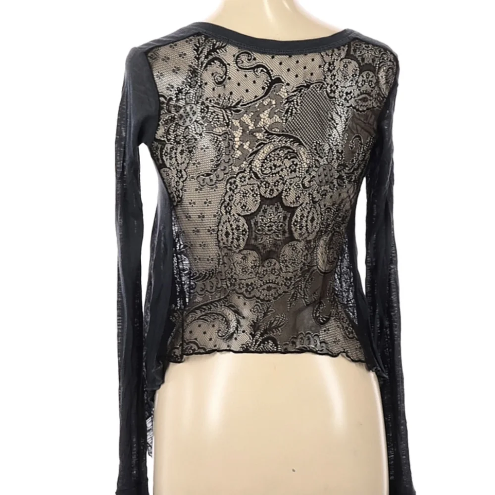 Sheer Lace Modal Knit Long Sleeve Top Blue Life XS